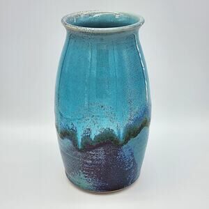 Studio Art Pottery Vase 9" Artist Signed Ansell Drip Glaze Blue Teal Purple